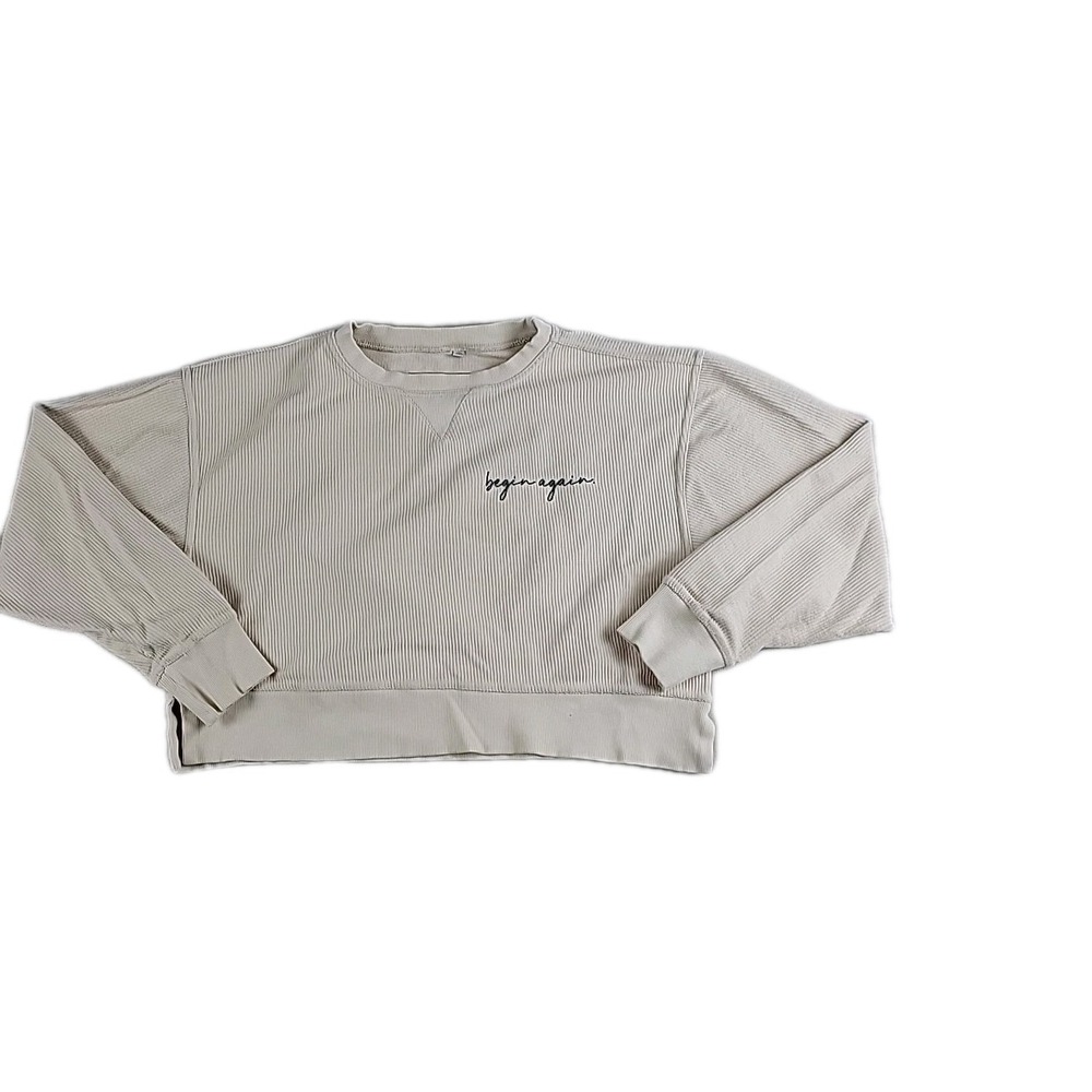 BE Women's Cropped Ribbed Sweatshirt Medium Cream "Begin Again" Cotton Pullover